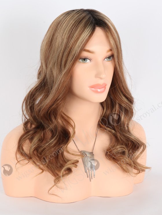 Charming Beach Wave Human Hair Lace Front Wigs 18 Inch Brown with Blonde Highlights Dark Roots RLF-08010-23931