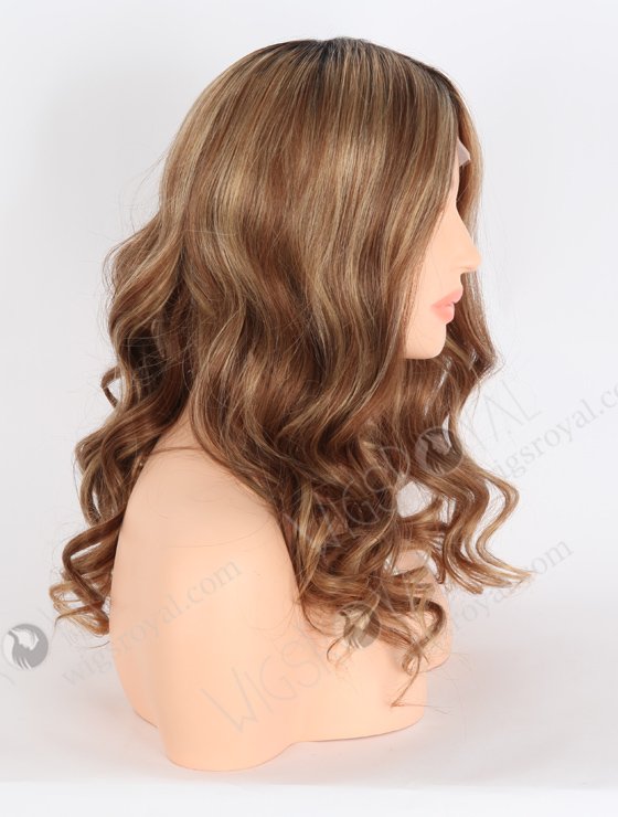 Charming Beach Wave Human Hair Lace Front Wigs 18 Inch Brown with Blonde Highlights Dark Roots RLF-08010-23934