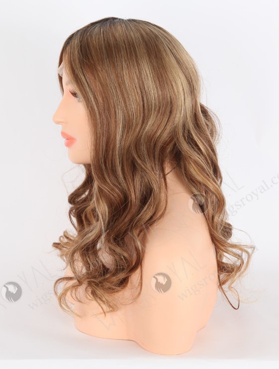 Charming Beach Wave Human Hair Lace Front Wigs 18 Inch Brown with Blonde Highlights Dark Roots RLF-08010-23933