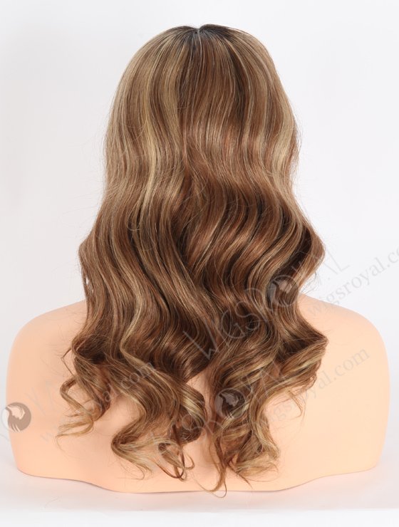 Charming Beach Wave Human Hair Lace Front Wigs 18 Inch Brown with Blonde Highlights Dark Roots RLF-08010-23937