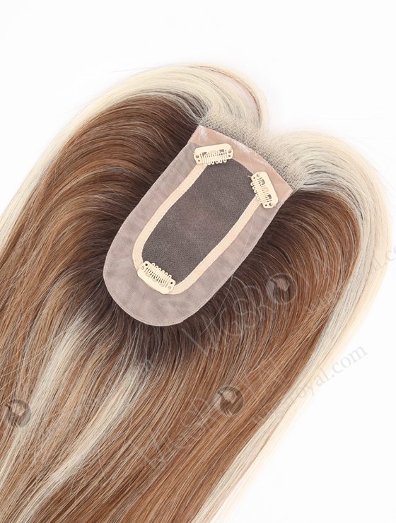 In Stock 2.75"*5.25" European Virgin Hair 16" Straight 4#/10#/60# Mixed, Roots 3# Color Monofilament Hair Topper Topper-165-24668