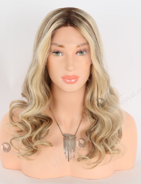Silk Top Human Hair Wigs for Caucasian Blonde and Brown Highlights | In Stock European Virgin Hair 18" Beach Wave T4/22# with 4# highlights Color Lace Front Silk Top Glueless Wig GLL-08047