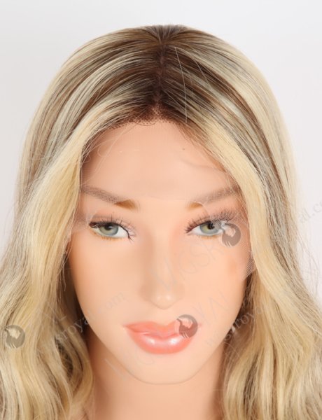 Silk Top Human Hair Wigs for Caucasian Blonde and Brown Highlights | In Stock European Virgin Hair 18" Beach Wave T4/22# with 4# highlights Color Lace Front Silk Top Glueless Wig GLL-08047