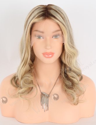 Gorgeous Wavy Hair Wigs Blonde with Brown Highlights | In Stock European Virgin Hair 16" Beach Wave T4/22# with 4# highlights Color Lace Front Silk Top Glueless Wig GLL-08046