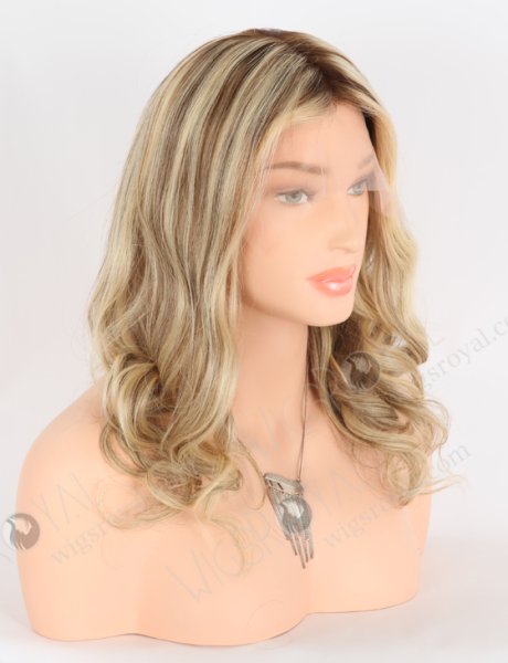 Gorgeous Wavy Hair Wigs Blonde with Brown Highlights | In Stock European Virgin Hair 16" Beach Wave T4/22# with 4# highlights Color Lace Front Silk Top Glueless Wig GLL-08046