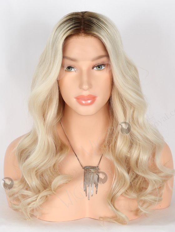 20 Inch 100% Human Hair Brown Roots Long Wavy Platinum Blonde Lace Front Wigs RLF-08038-25647