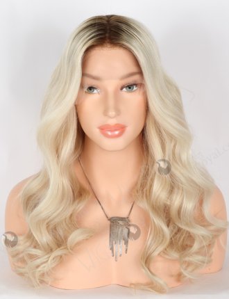 20 Inch 100% Human Hair Brown Roots Long Wavy Platinum Blonde Lace Front Wigs RLF-08038