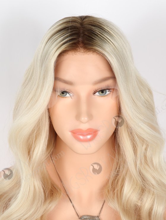 20 Inch 100% Human Hair Brown Roots Long Wavy Platinum Blonde Lace Front Wigs RLF-08038-25649