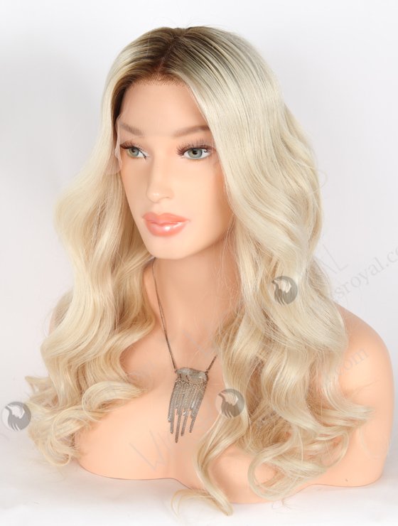20 Inch 100% Human Hair Brown Roots Long Wavy Platinum Blonde Lace Front Wigs RLF-08038-25648