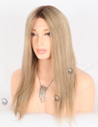 Brown Blonde Blended Wig With Dark Roots Most Natural Looking Wigs | In Stock European Virgin Hair 16" Straight T4/8a# and T4/613# Blended Color Lace Front Silk Top Glueless Wig GLL-08022