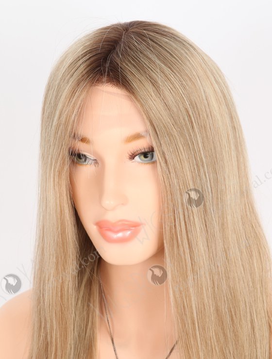 Brown Blonde Blended Wig With Dark Roots Most Natural Looking Wigs | In Stock European Virgin Hair 16" Straight T4/8a# and T4/613# Blended Color Lace Front Silk Top Glueless Wig GLL-08022-25910
