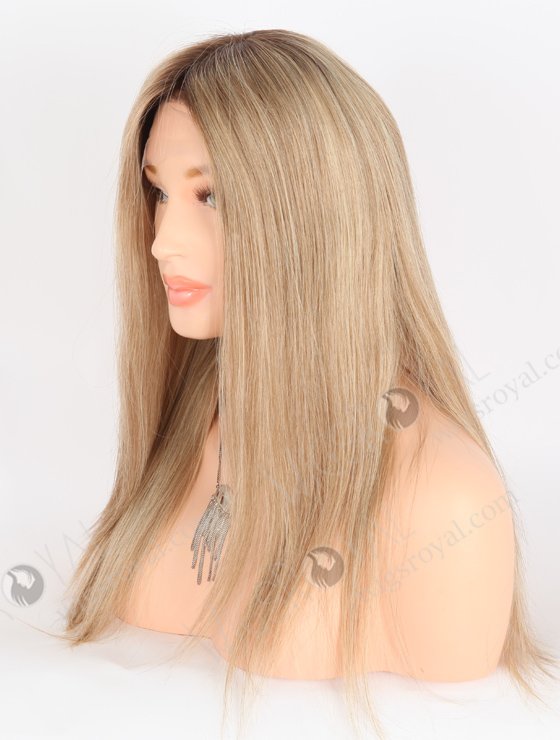 Brown Blonde Blended Wig With Dark Roots Most Natural Looking Wigs | In Stock European Virgin Hair 16" Straight T4/8a# and T4/613# Blended Color Lace Front Silk Top Glueless Wig GLL-08022-25911