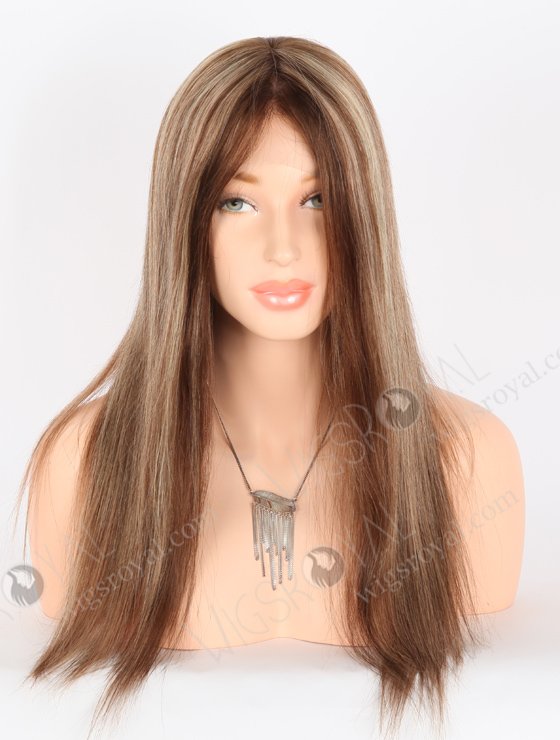 In Stock European Virgin Hair 18" Straight 4/8/14# Highlights, Roots 4# Color Lace Front Silk Top Glueless Wig GLL-08068-26076