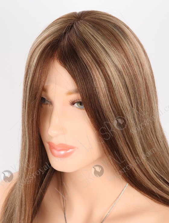 In Stock European Virgin Hair 18" Straight 4/8/14# Highlights, Roots 4# Color Lace Front Silk Top Glueless Wig GLL-08068-26081