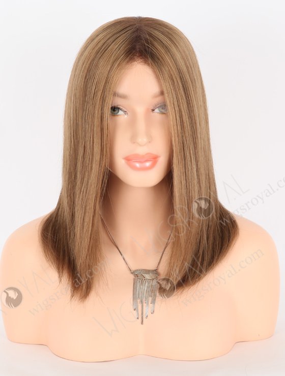 In Stock European Virgin Hair 12" All One Length Straight 8a/4/9# Highlights, Roots 4# Color Lace Front Silk Top Glueless Wig GLL-08069-26153