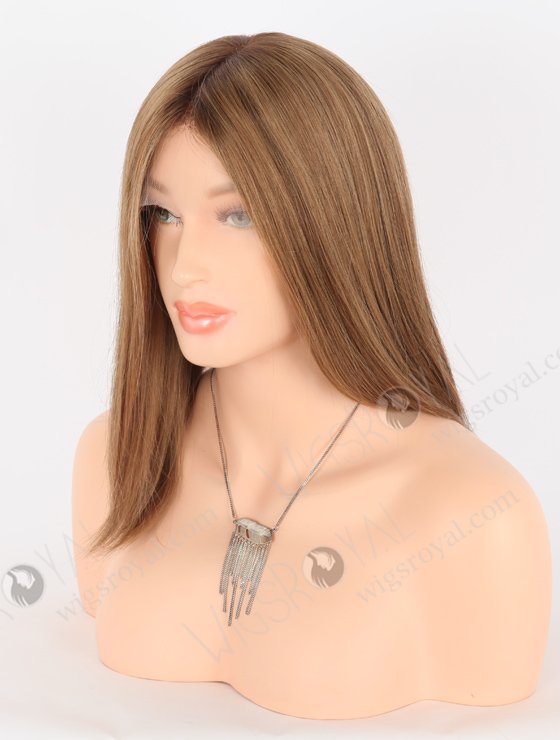 In Stock European Virgin Hair 12" All One Length Straight 8a/4/9# Highlights, Roots 4# Color Lace Front Silk Top Glueless Wig GLL-08069-26157
