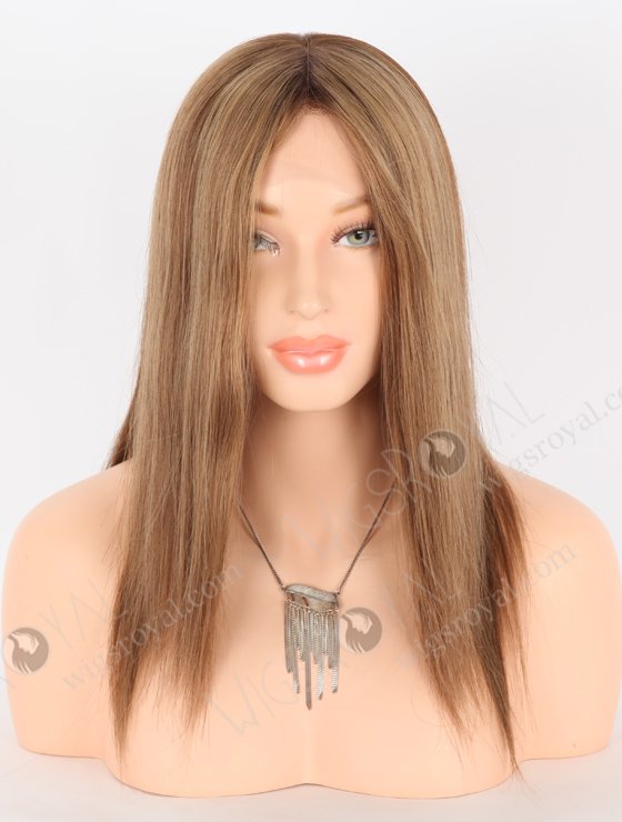 In Stock European Virgin Hair 14" All One Length Straight 8a/4/9# Highlights, Roots 4# Color Lace Front Silk Top Glueless Wig GLL-08070-26163