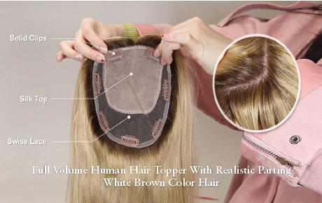 Full Volume Human Hair Topper With Realistic Parting White Brown Color Hair