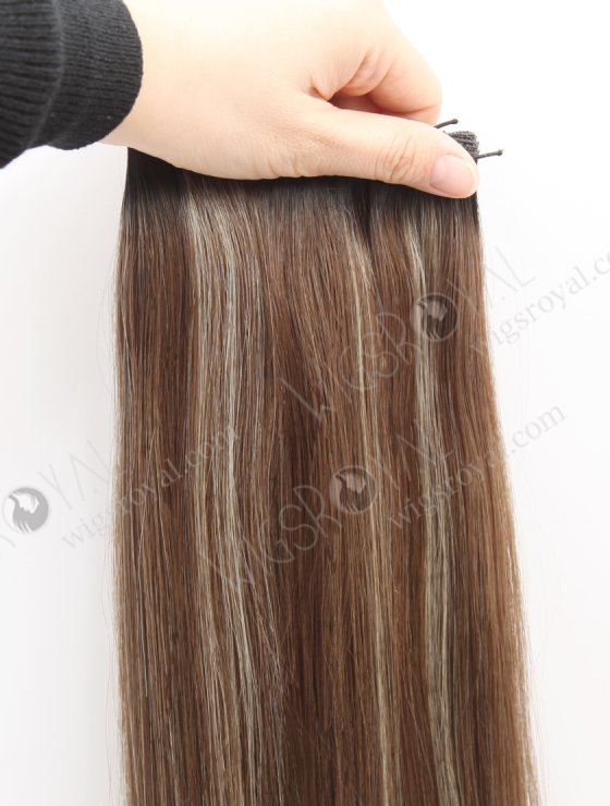 European Genius Weft Hair Extensions Thin Flat and Cuttable 18 Inch Rooted Brown with Blonde Highlights SGW-08015-29289