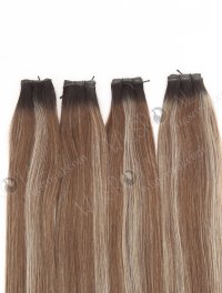 European Genius Weft Hair Extensions Thin Flat and Cuttable 18 Inch Rooted Brown with Blonde Highlights SGW-08015