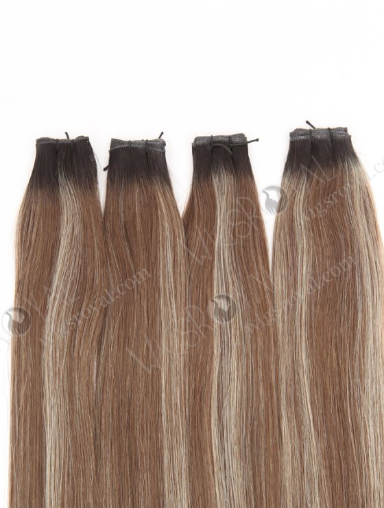 European Genius Weft Hair Extensions Thin Flat and Cuttable 18 Inch Rooted Brown with Blonde Highlights SGW-08015