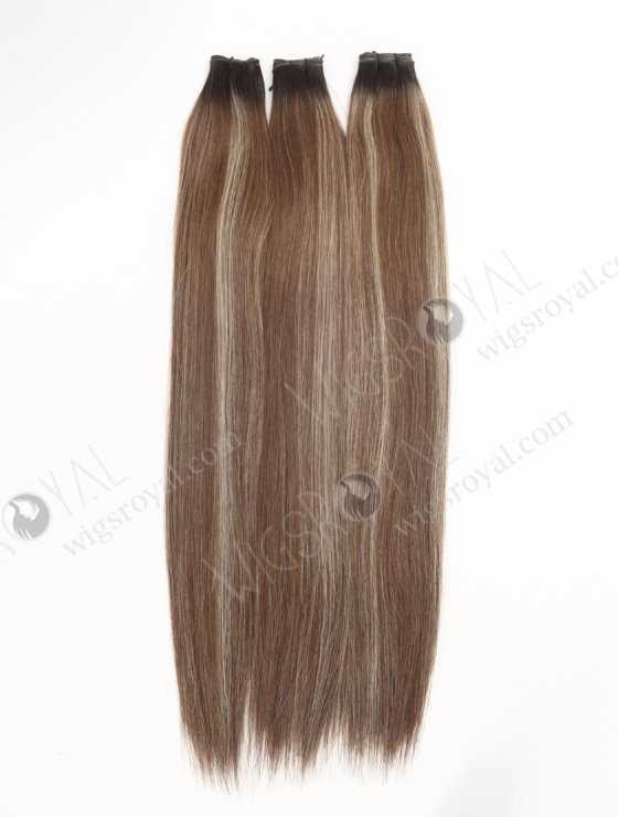 European Genius Weft Hair Extensions Thin Flat and Cuttable 18 Inch Rooted Brown with Blonde Highlights SGW-08015-29290