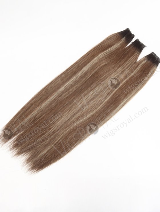 European Genius Weft Hair Extensions Thin Flat and Cuttable 18 Inch Rooted Brown with Blonde Highlights SGW-08015-29292