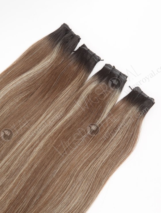 European Genius Weft Hair Extensions Thin Flat and Cuttable 18 Inch Rooted Brown with Blonde Highlights SGW-08015-29293