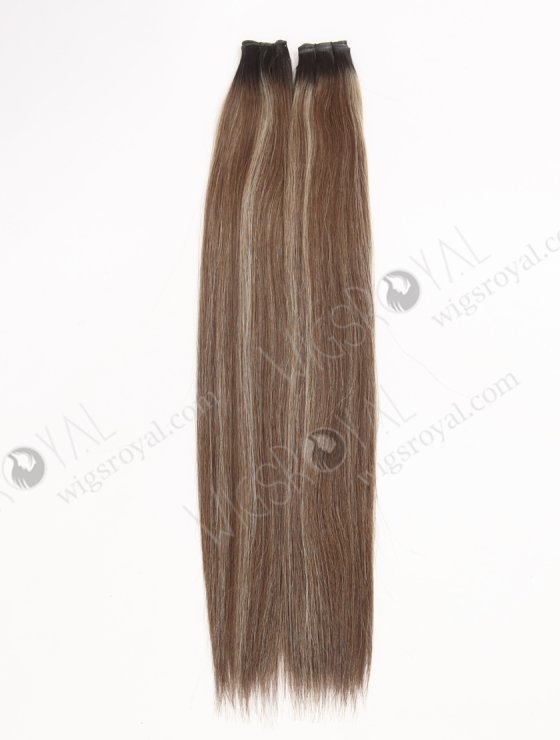 European Genius Weft Hair Extensions Thin Flat and Cuttable 18 Inch Rooted Brown with Blonde Highlights SGW-08015-29294