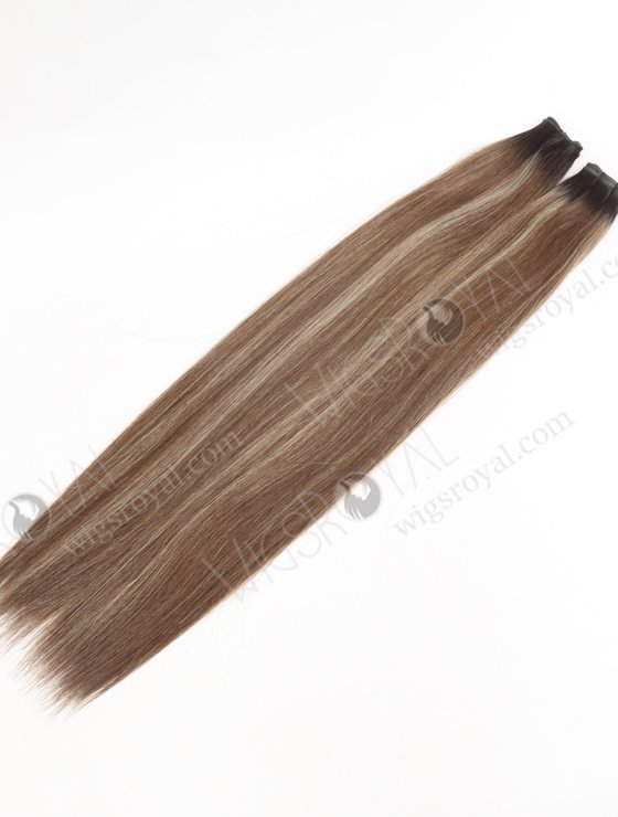 European Genius Weft Hair Extensions Thin Flat and Cuttable 18 Inch Rooted Brown with Blonde Highlights SGW-08015-29295