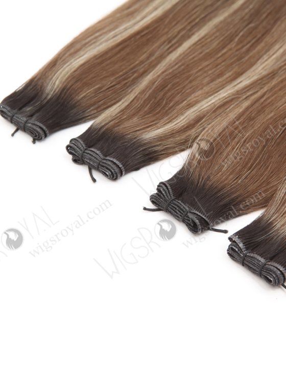 European Genius Weft Hair Extensions Thin Flat and Cuttable 18 Inch Rooted Brown with Blonde Highlights SGW-08015-29296