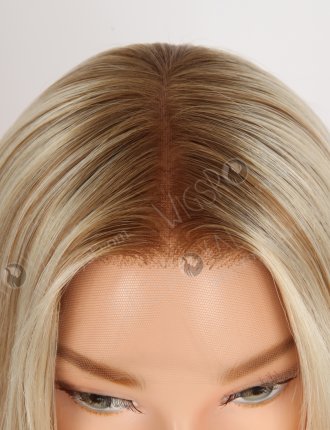 Medium Length Human Hair Brown Roots Blonde Hair Wig for Caucasian Women Realistic HD Melting Lace Front Wig RLF-08060