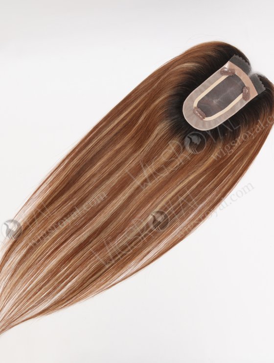 In Stock 2.75"*5.25" European Virgin Hair 16" Straight 6# with 27# Highlgihts, Natural Color Roots Monofilament Hair Topper-118-29745