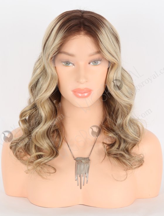 Fashion 16 Inch Beach Wave Blonde and Brown Highlights No Glue Lace Front Human Hair Wigs RLF-08023-31380