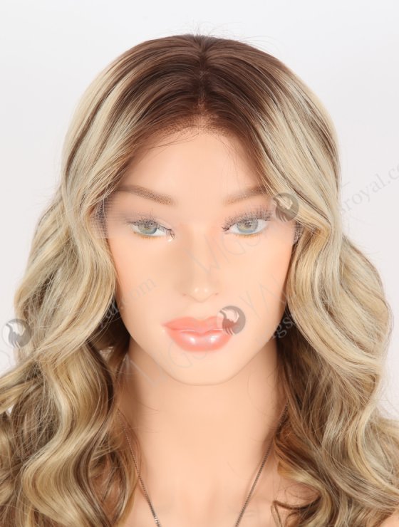 Fashion 16 Inch Beach Wave Blonde and Brown Highlights No Glue Lace Front Human Hair Wigs RLF-08023-31381