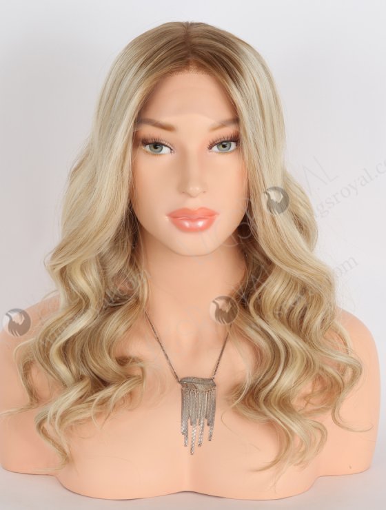 Glamorous Light Blonde Lace Front Wig with Brown Roots | 18 Inch Virgin European Hair Wavy Lace Front Wigs |  RLF-08005-31321