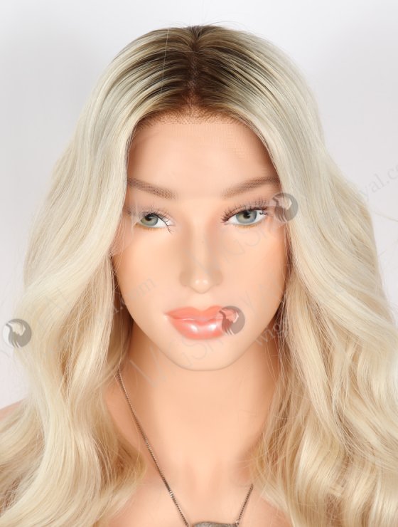 20 Inch 100% Human Hair Brown Roots Long Wavy Platinum Blonde Lace Front Wigs RLF-08038-31425