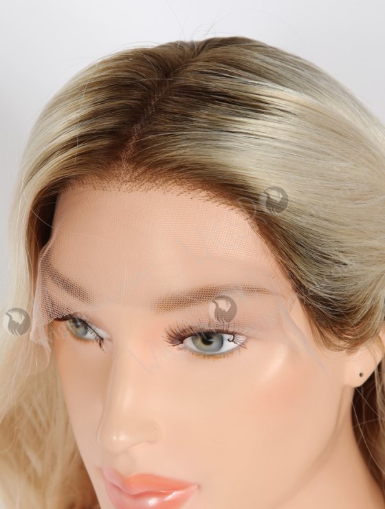 20 Inch 100% Human Hair Brown Roots Long Wavy Platinum Blonde Lace Front Wigs RLF-08038-31426
