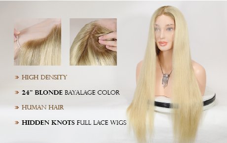 High Density 24'' Blonde Bayalage Color Human Hair Hidden Knots Full 