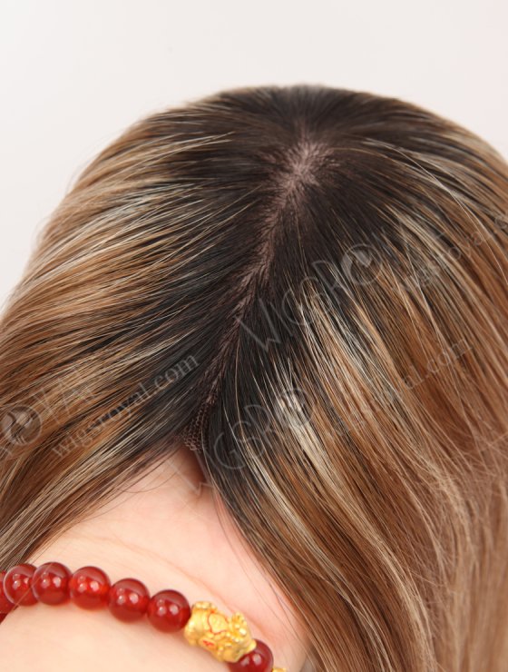 In Stock European Virgin Hair 16" All One Length Straight 6#/27# Highlights, Roots Natural Color Hair Topper Topper-189-32543