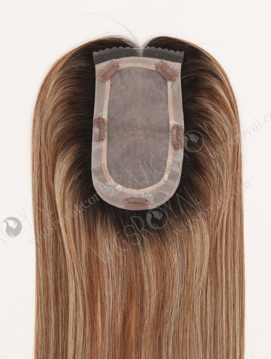 In Stock European Virgin Hair 16" All One Length Straight 6#/27# Highlights, Roots Natural Color Hair Topper Topper-189-32542