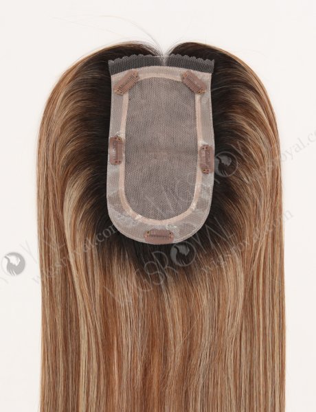 In Stock European Virgin Hair 16" All One Length Straight 6#/27# Highlights, Roots Natural Color Hair Topper Topper-189