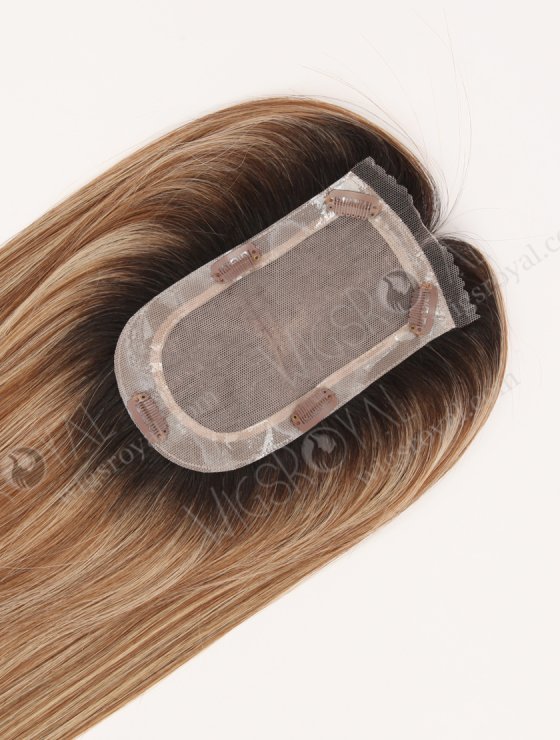 In Stock European Virgin Hair 16" All One Length Straight 6#/27# Highlights, Roots Natural Color Hair Topper Topper-189-32544