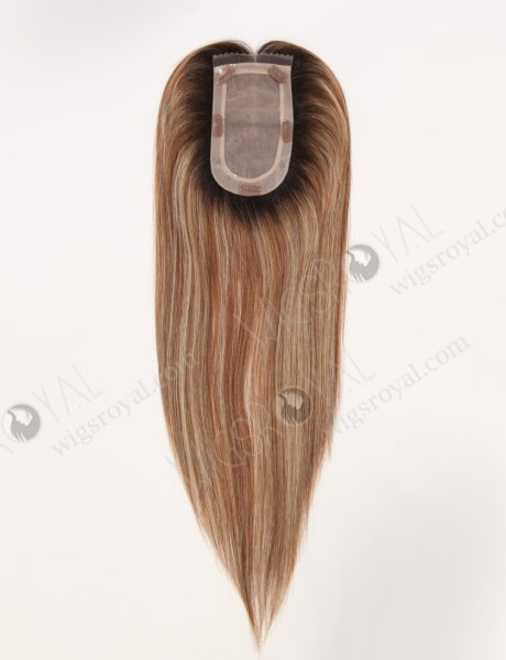 In Stock European Virgin Hair 16" All One Length Straight 6#/27# Highlights, Roots Natural Color Hair Topper Topper-189