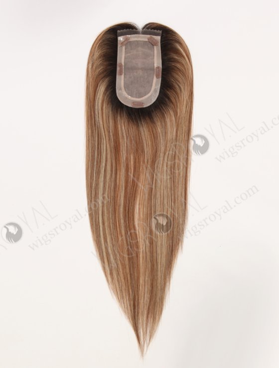In Stock European Virgin Hair 16" All One Length Straight 6#/27# Highlights, Roots Natural Color Hair Topper Topper-189-32546
