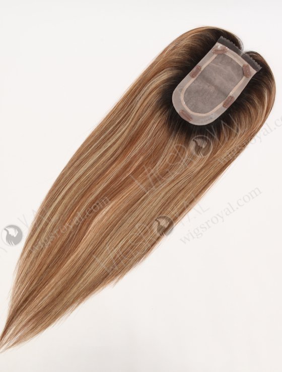 In Stock European Virgin Hair 16" All One Length Straight 6#/27# Highlights, Roots Natural Color Hair Topper Topper-189-32547