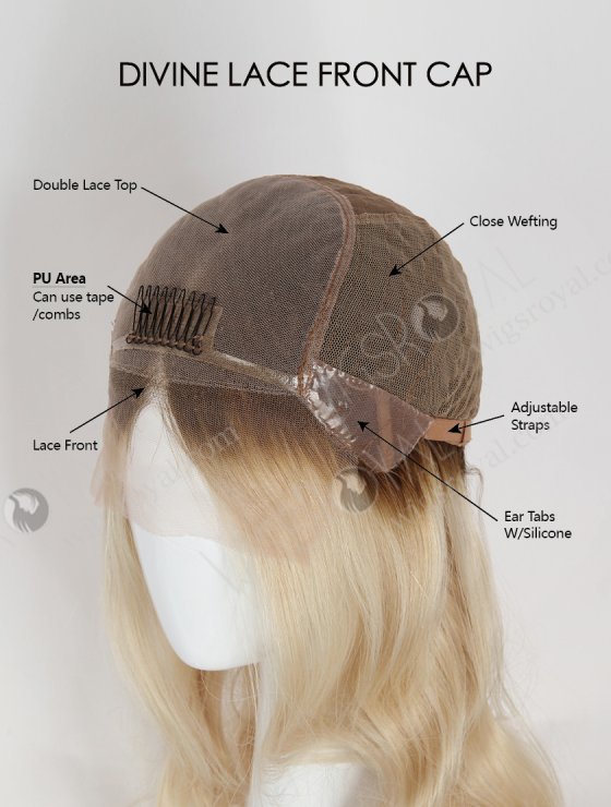 Glamorous Light Blonde Lace Front Wig with Brown Roots | 18 Inch Virgin European Hair Wavy Lace Front Wigs |  RLF-08005-34214
