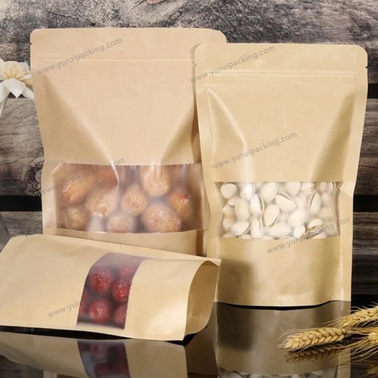 禹瑞定制棕色可重新密封食品直立包装袋拉链锁带窗牛皮纸袋