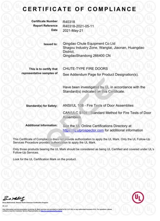 chute fire safety certification