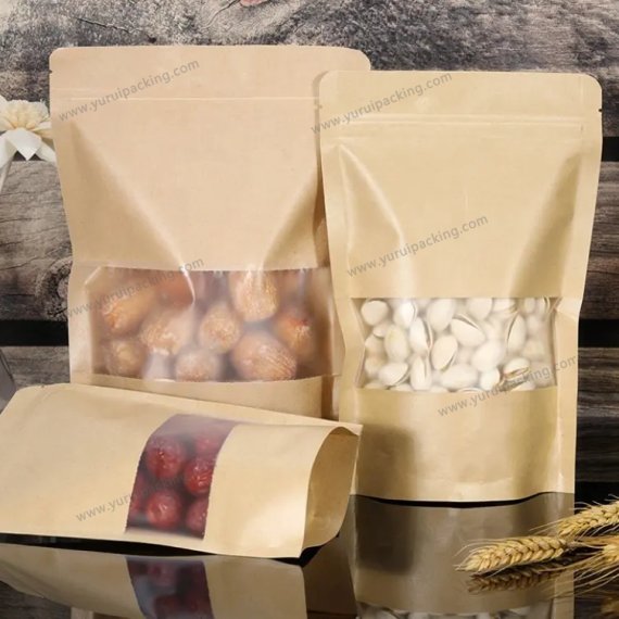 YURUI Custom Brown Resealable Food Stand up Packaging Pouch Zip lock kraft Paper Bag with Clear Window
